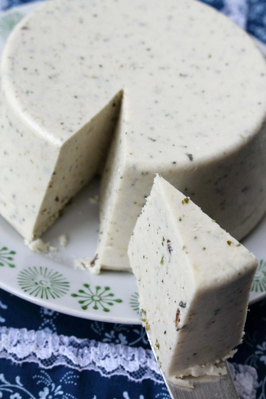 Vegan cheese made from cashew nuts on a plate
